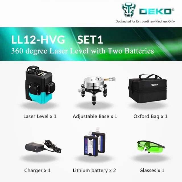 Green Laser Set 1 DEKO LL12 Series 3D самонивелирующийся вращающийся лазерный уровень на 360 градусов вертикальный и горизонтальный красный/зеленый штатив с высокой видимостью - Цвет: Green Laser Set 1
