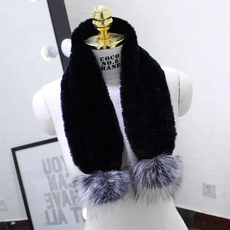 ZDFURS* женские зимние с мехом кролика шарфы ; с натуральным кроличьим мехом шарф зимние теплые модные меха лисы мяч Настоящее мех кролика - Цвет: black