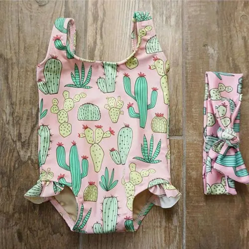 Новый детский купальник без рукавов с принтом кактуса для маленьких девочек