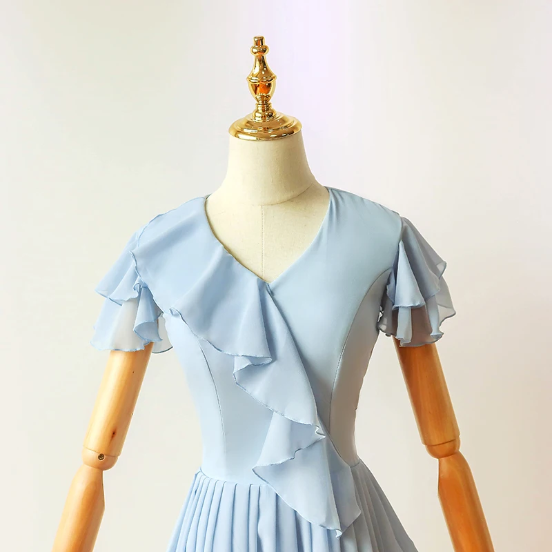 Real Shot Plus Size Fashion Blue Short Chiffon V-neck Bridesmaids Dresses dance Party Dress Women Wedding Guest 9049 | Свадьбы и