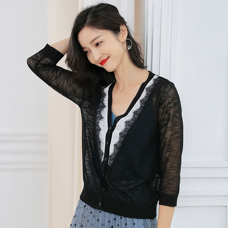 Фото Summer New 2019 Lady Hollow Knitwear Elegant Female Patchwork Colors Thin Knit Coat Lace Stitching | Отзывы и видеообзор (33007711226)