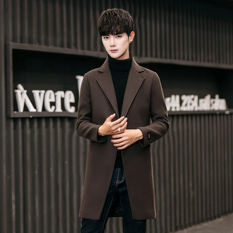 2019 зимнее Однотонное шерстяное пальто с отложным воротником и куртка PocketsMale в