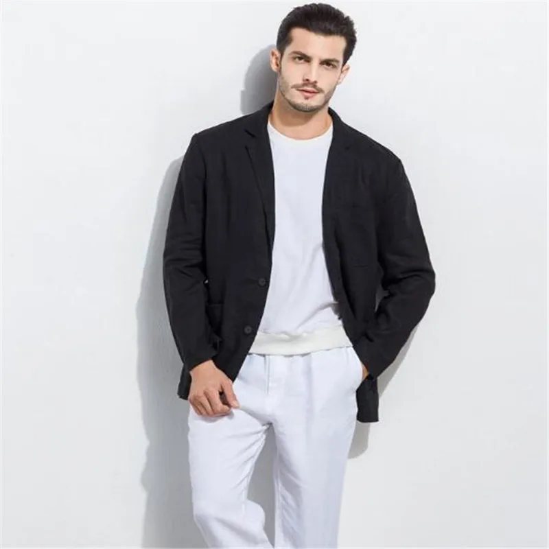 Мужской белый льняной блейзер с большими карманами летний костюм куртка