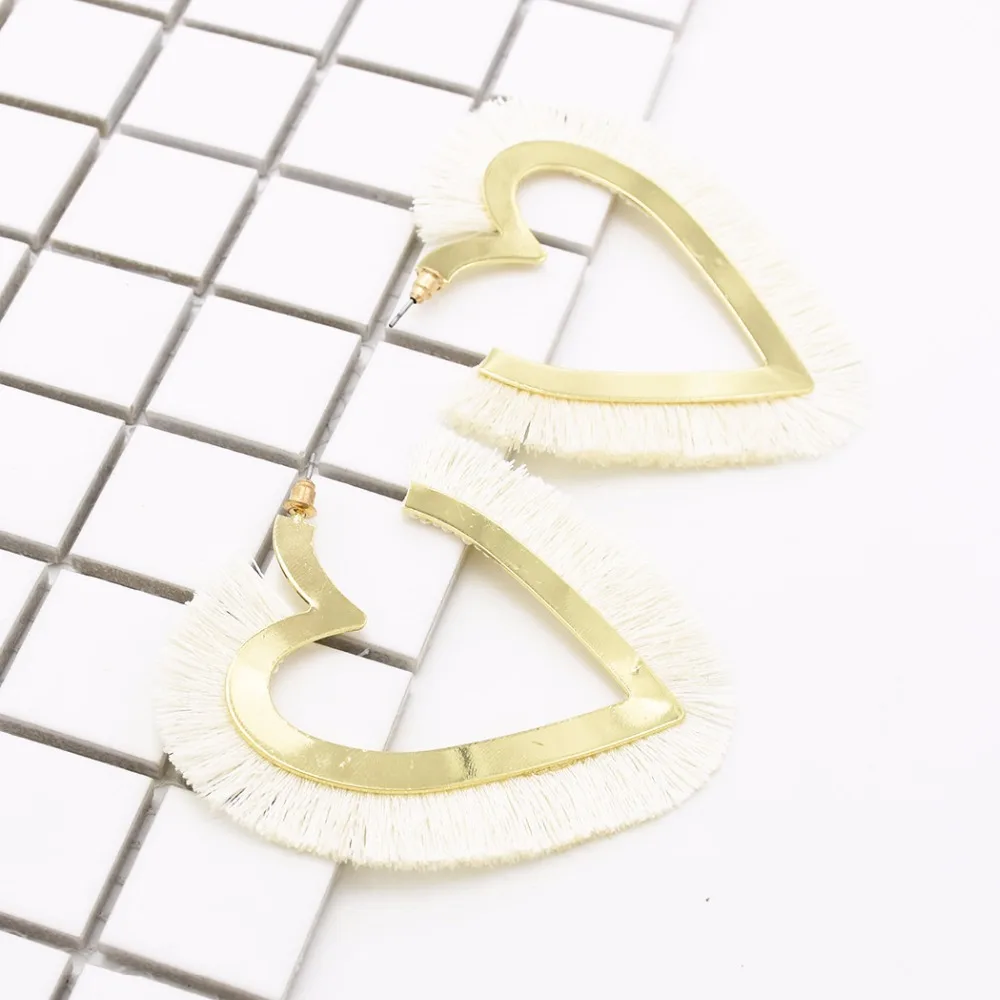 Bohemian Unique Heart Cotton Big Open Hoop Earrings for Women Wedding Party Red White Black Pink Thread Tassel Ears Jewelry | Украшения и