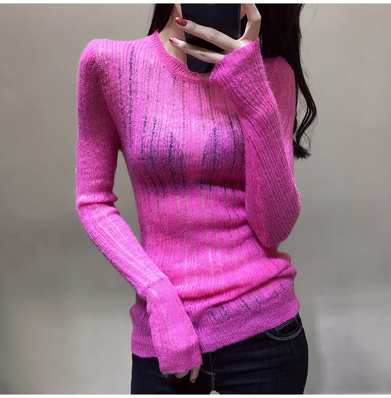 Женский свитер из мохера с круглым вырезом Мягкий Вязаный топ тонкий сексуальный