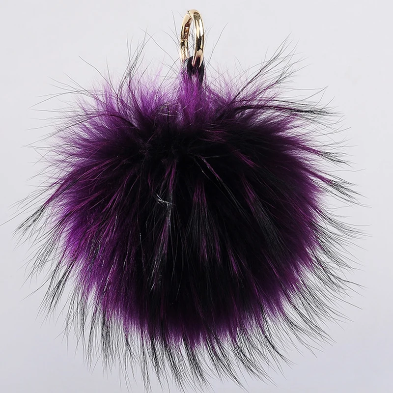 purple Роскошный натуральный мех брелок для ключей меховой помпон брелок 15 см пушистый шарик из меха енота брелок Золотой помпон брелок украшение подвеска на сумку подарки - Цвет: purple