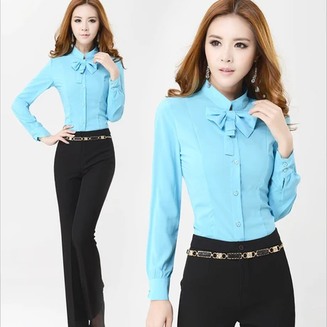 2015 новый формальные Большой размер женщин рубашки с длинным рукавом бантом