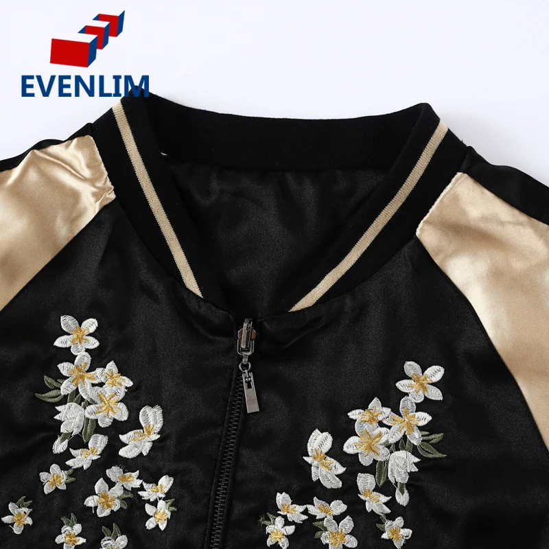 Evenlim цветочный Вышивка атласная куртка Леди Пальто осень зима 2017 Черная курточка