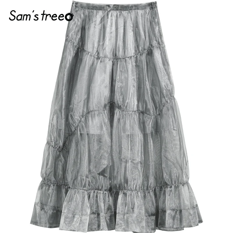 Samstree Vintage Mesh Sweet Women Skirts, Autumn Fashion Mid Waist A-Line Female Skirt Gray Elegant Office Lady Bottoms