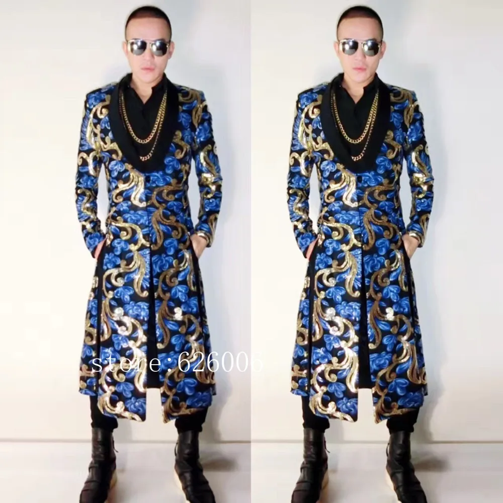 

New Nightclub DJ Male singer Totem Embroidery Long Umbrella blue Jacket outwear costumes Stage show Performance Coat