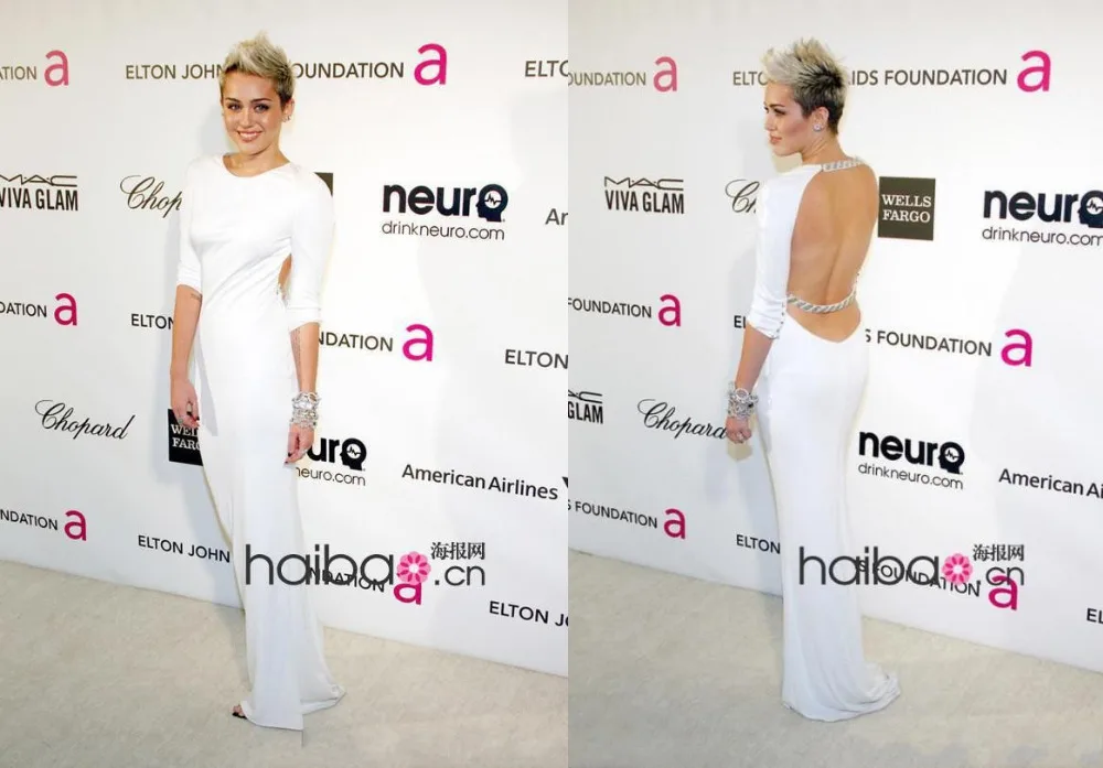 Женское вечернее платье Miley Cyrus белое трикотажное с длинным рукавом открытой