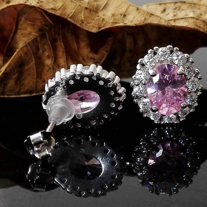 

BEBE Luxury 925 Silver Stud Earrings Pink & Yellow Zircon Stone Women Bijouterie Around Paved Micro Zircons White Gold Plating