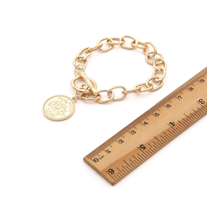 HUANZHI Korean New Geometric Human Avatar Coin Sailing Ship Gold Alloy Chain Jewelry Bangle for Women Girls Party Bar