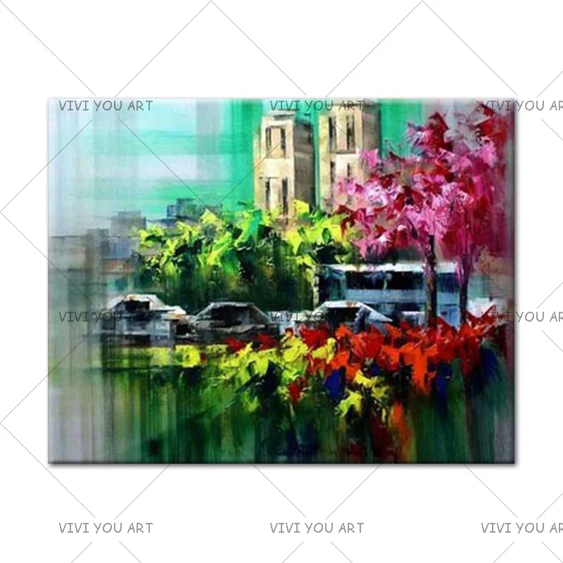 100% ручная роспись палитра нож абстрактная городская картина маслом на холсте