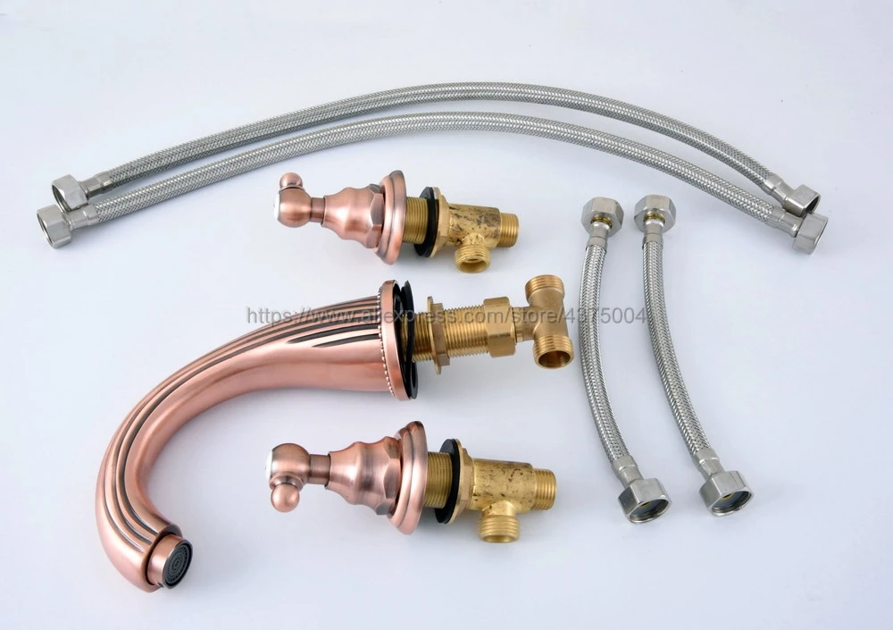 Смесители для раковины античный красный медный смеситель с 3 отверстиями в