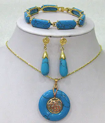 Голубой бирюзовый браслет/серьги/ожерелье кулон набор> AAA 18K GP