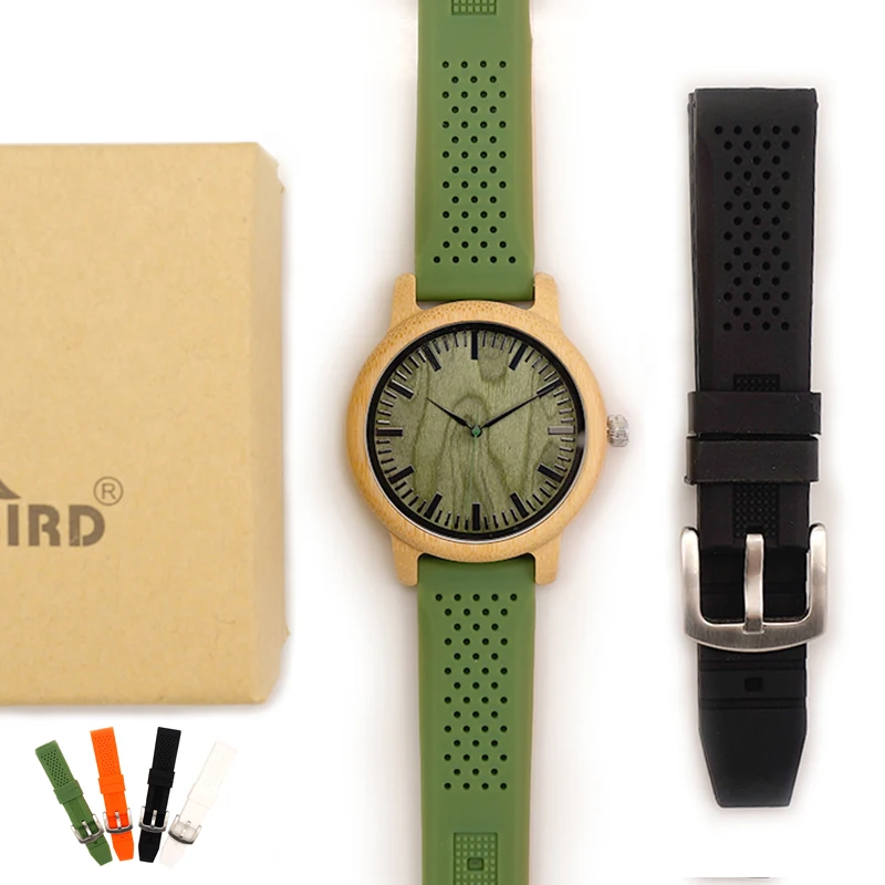 

BOBO BIRD L-B06 Silicone Strap Bamboo Watches for Men Women Simple Style Wood Dial Face Quartz Watch Extra Band as Gift