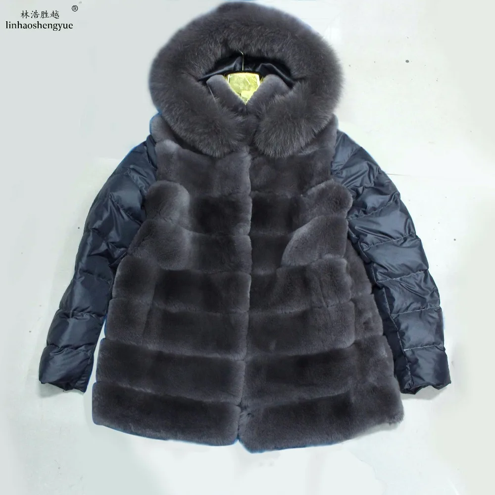 

Linhaoshengyue fashion women Real Rex rabbit fur coat with eiderdown sleeve Detachable sleeves