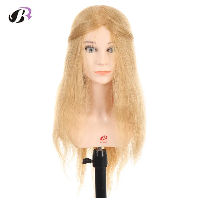 Female 20 inch Hairdresser Training Mannequin Head With 100 % Real Human Hair Blonde Hair Mannequin Head With Shoulder Stand