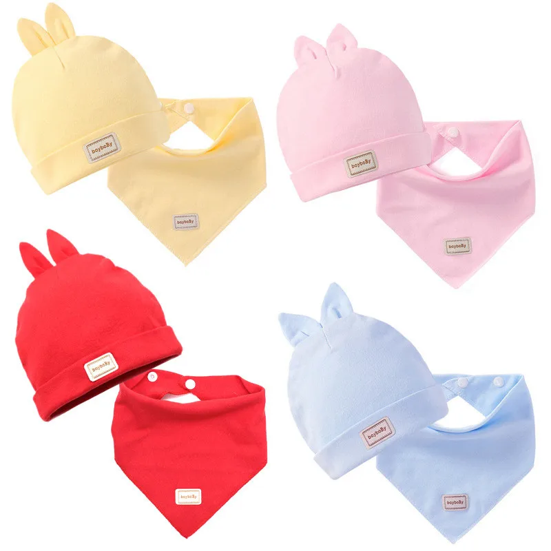 3 Color Eslatic Headscarf Double Layer Cotton Baby Caps&amphats with Bibs Set Pink Yellow and Sky Blue for Newborn Infant | Детская