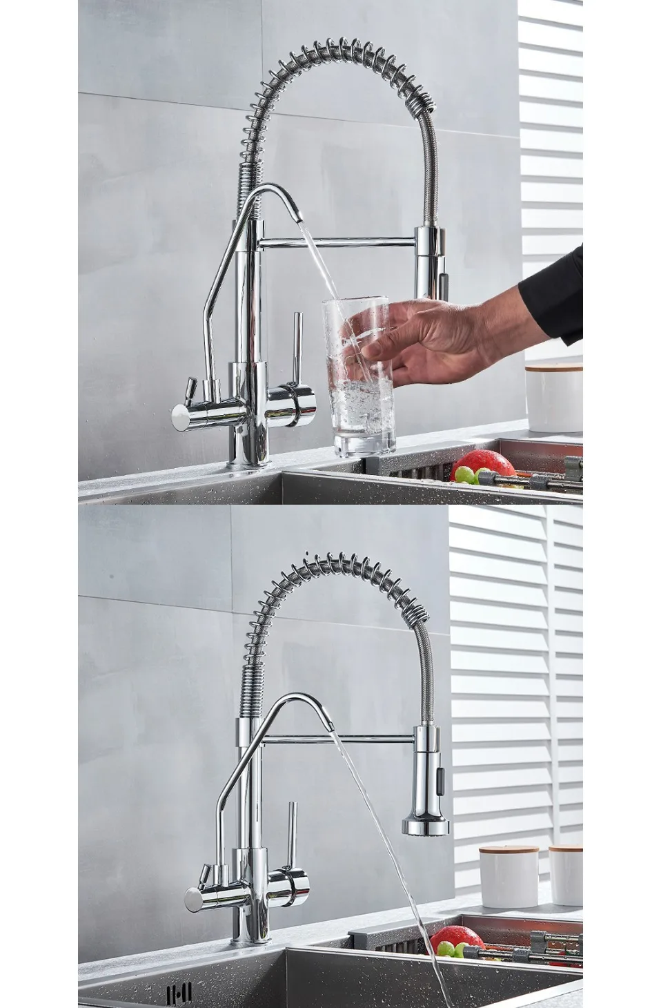 Хромированные краны с водяным фильтром, смесители для кухни, двойная ручка, смеситель на бортике, кран с поворотом на 360 градусов, функция очистки воды, кран