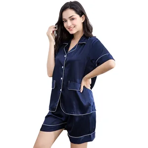 2019 однотонный короткий рукав пижама Шелковый комплект 2 предмета Комплект Для женщин Пижама, пикантная сорочка для Для женщин, одежда для сна с короткими штанами