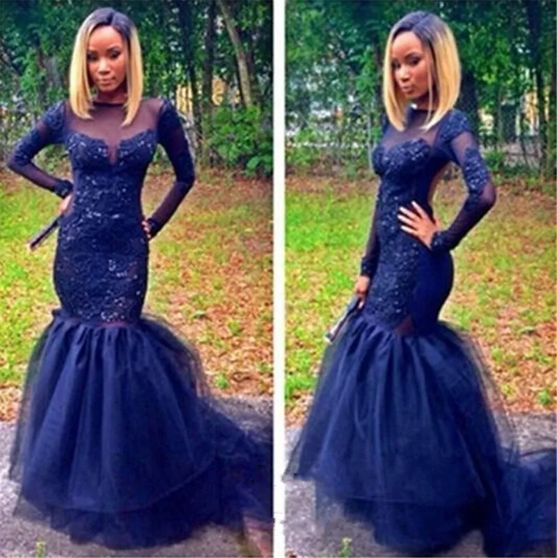 

Regular Long Sleeves Prom Party Dress O-Neck Floor-Length Blue Evening Dress Custom Made Mermaid Satin Vestido De Festa KL403