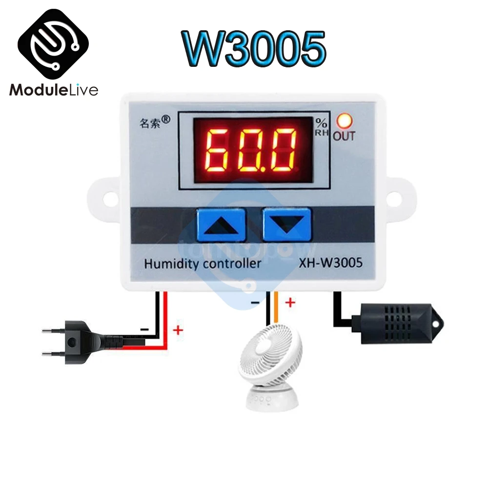 

W3005 220V 12V 24V Digital LED Display Humidity Controller Hygrometer Temperature Control Switch Hygrostat SHT20 Sensor Probe