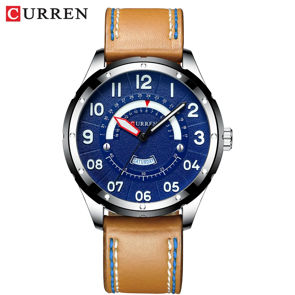blue watch CURREN Date Мужские часы Роскошные спортивные часы кварцевые часы с календарем повседневные деловые кожаные мужские часы Военные Наручные часы - Цвет: blue watch