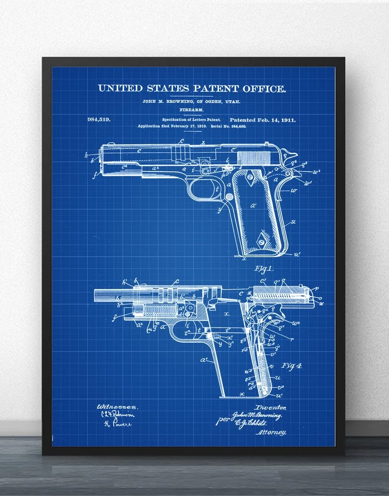 Colt 1911 патент на пожарную руку Настенная картина Настенный декор холст маслом без