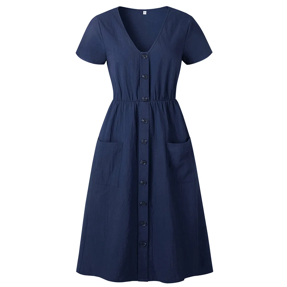 Womens Party Dress Holiday Summer Dress Women Beach Solid short Sleeve Buttons Party Dress - Цвет: Navy