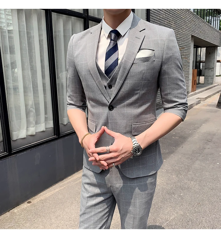 Plyesxale летние костюмы для мужчин Свадебный костюм для мужчин Slim Fit серый клетчатый формальный костюм костюмы, куртки, брюки жилет дропшиппинг Q309