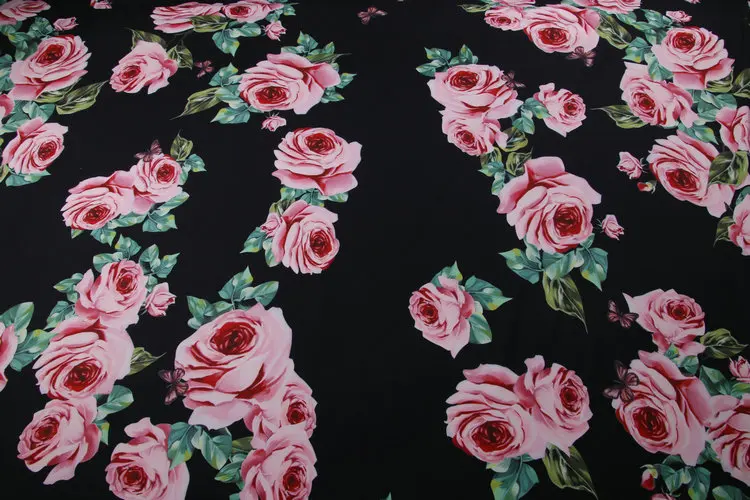 LEO&LIN  New Black Red flower Elastic Imitation Ma Rose Printed Clothing Handmade Diy Dress Patchwork Sewing Cloth 50cm