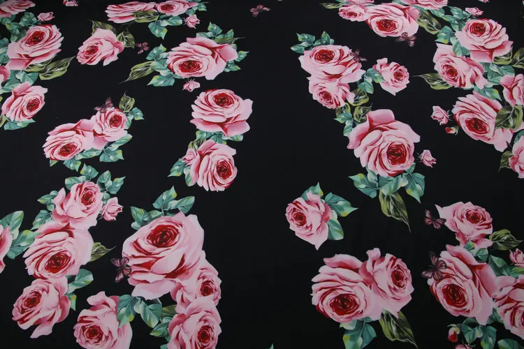 

LEO&LIN New Black Red flower Elastic Imitation Ma Rose Printed Clothing Handmade Diy Dress Patchwork Sewing Cloth 50cm