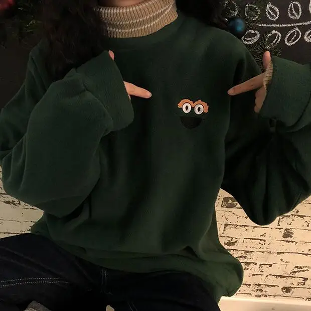 Cute cartoon embroidery o-neck long sleeve t-shirt | Женская одежда