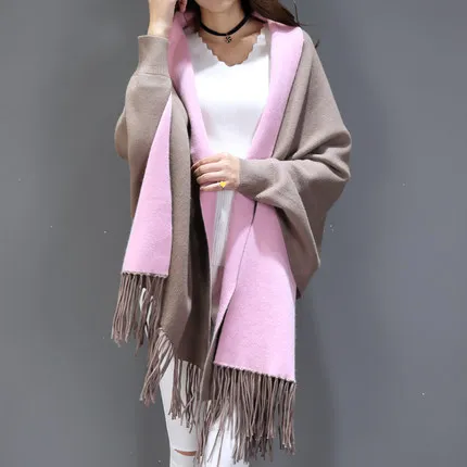 Khaki With Pink Большой черный с серым шарфом, зимнее Вязаное пончо, женское одноцветное 70*210 см, рукав летучая мышь, шаль в винтажном стиле - Цвет: Khaki With Pink