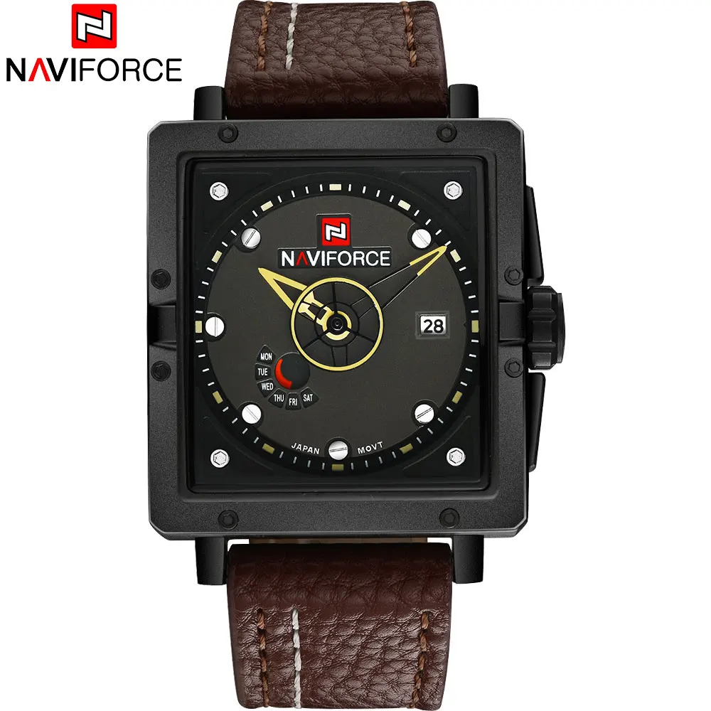 NAVIFORCE Новые популярные Брендовые мужские часы модные спортивные кварцевые часы квадратные циферблаты 30 м Водонепроницаемые оранжевые кожаные часы - Цвет: yellow