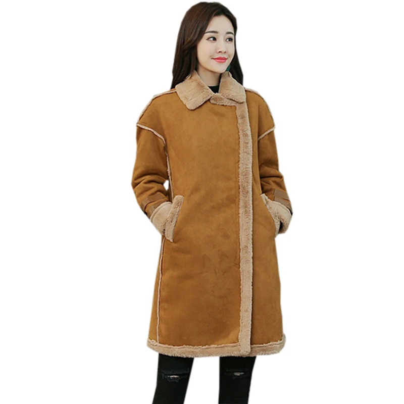 

Women Deerskin Coats Autumn Winter Long Thick Lambswool Warm Parkas Female Slim Woolen Deerskin Outwear Cotton Jackets FP1479
