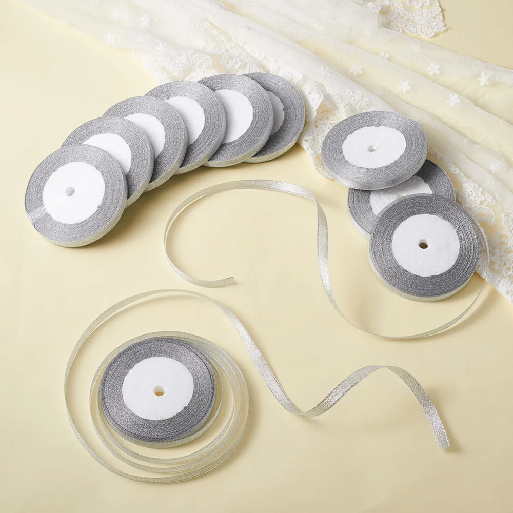 10 Rolls/group 3/8"(10mm) Silver Golden Double Sided Sparkle Ribbon DIY Material for Organza Bow 25yards/roll 250yards/group | Украшения