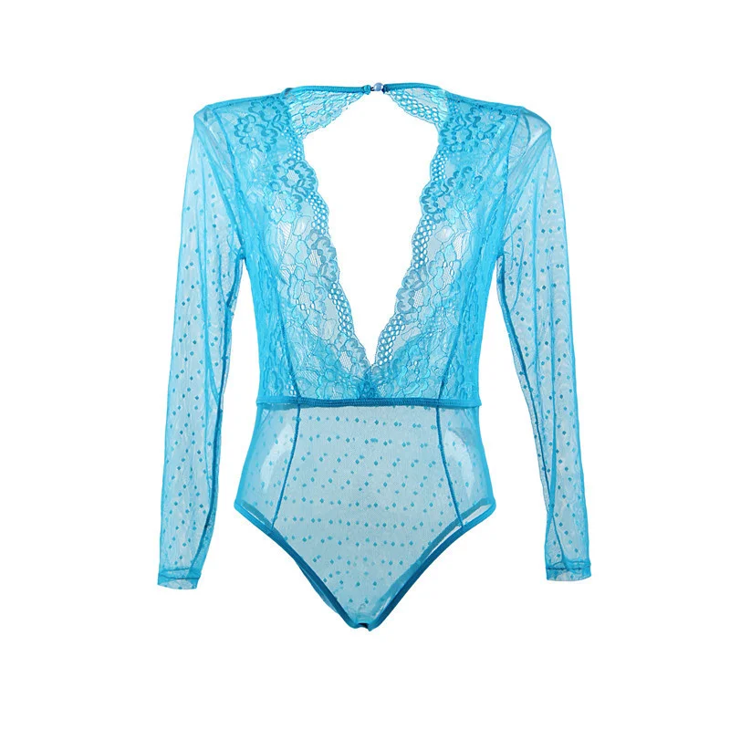 blue teddy lingerie Прозрачный Кружевной Костюм для детей плюшевый Для женщин с длинным рукавом и глубоким v-образным вырезом на спине прозрачный горячий сетчатый корпус сексуальное женское белье боди большие Размеры R80776 - Цвет: blue teddy lingerie