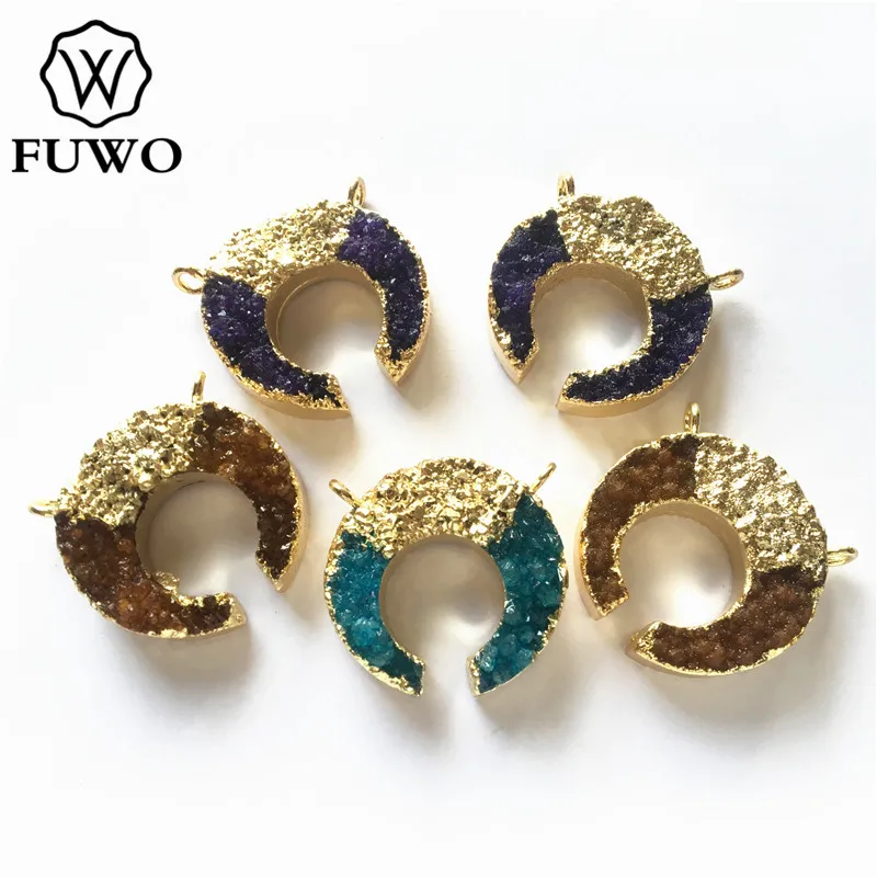 FUWO Натуральный Druzy Кулон с дизайном полумесяц золотой отделкой модные двойные
