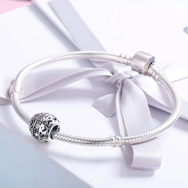 HoHangFuk 100% 925 стерлингового серебра стекируемые сердце с Clear CZ бусы браслет шарма
