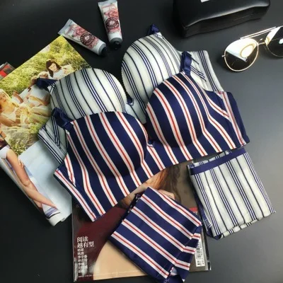 2019 new striped girl print navy wind no steel ring massage point half piece seamless underwear bra set