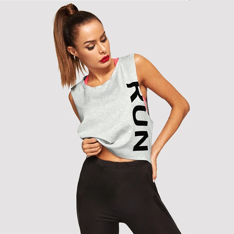 SweatyRocks, серая спортивная одежда с буквенным принтом, модная майка, Женский Летний жилет с круглым вырезом, повседневная спортивная майка
