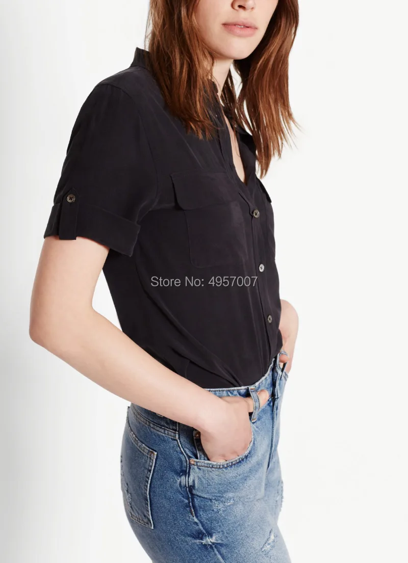Шелковая однотонная блузка с отложным воротником рубашка коротким рукавом и