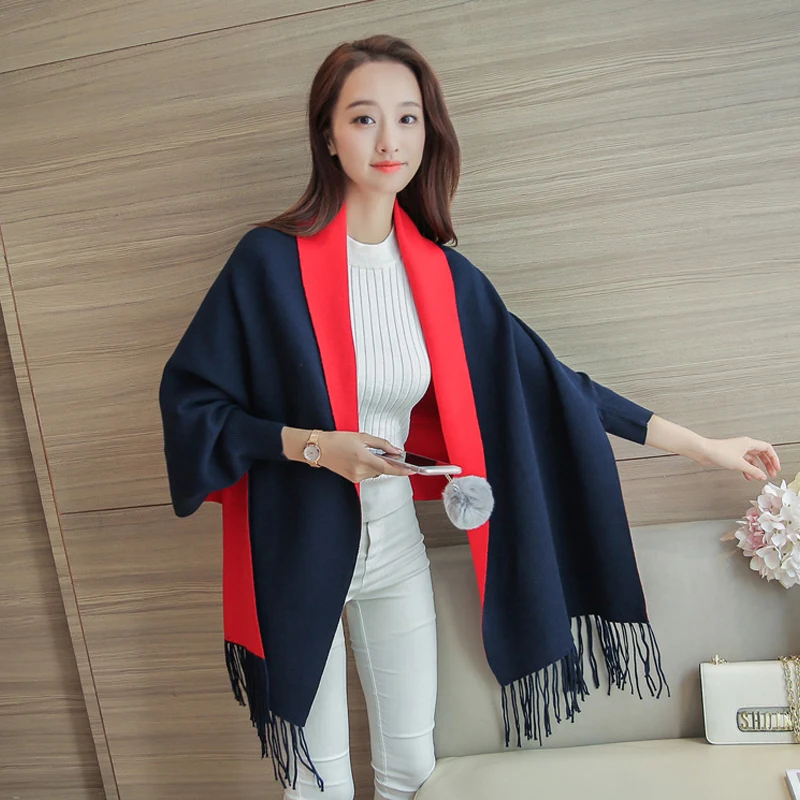 TIGENA Tassel Ponchos And Capes 2019 Autumn Winter Long Cardigan Female Batwing Sleeve Warm Knitted Cardigans Women Sweater |