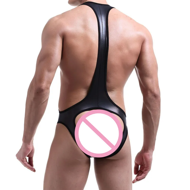 Sexy Men Undershirt Faux Leather PU Men's Close-fitting Vest Fitness Elastic Casual O-neck Open Butt Breathable Undershirts