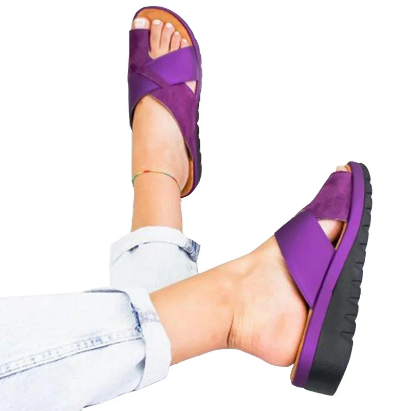 purple Женская обувь Искусственный тапочки ортопедические корректор шишки на большом пальце удобные на плоской платформе, Дамская обувь Повседневное большой коррекция носка сандалии - Цвет: purple