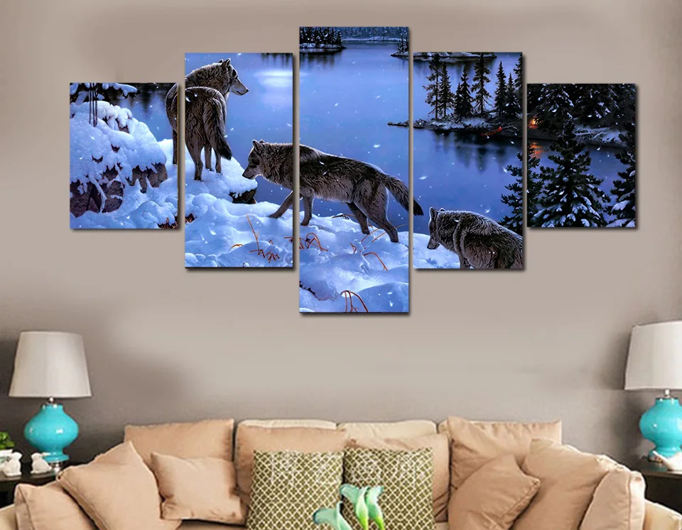 HD Printed Snow Wolf Lake Painting on Canvas Wall Pictures For Living Room Good Quality Modular Oil Cuadros Decoracion | Дом и сад