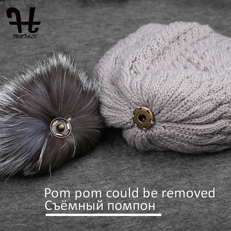 Furtalk зимняя шапочка Hat женщины трикотажные помпон Hat Fox енота мех пом Hat женский теплый осень шляпы шапки